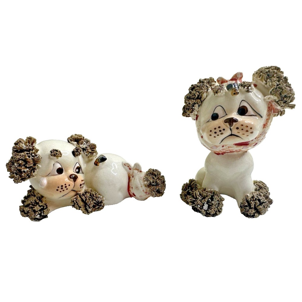 Lefton Spaghetti Ceramic Dog Vintage Set 2 Bee Toothache Boo Boo Tail Set 2